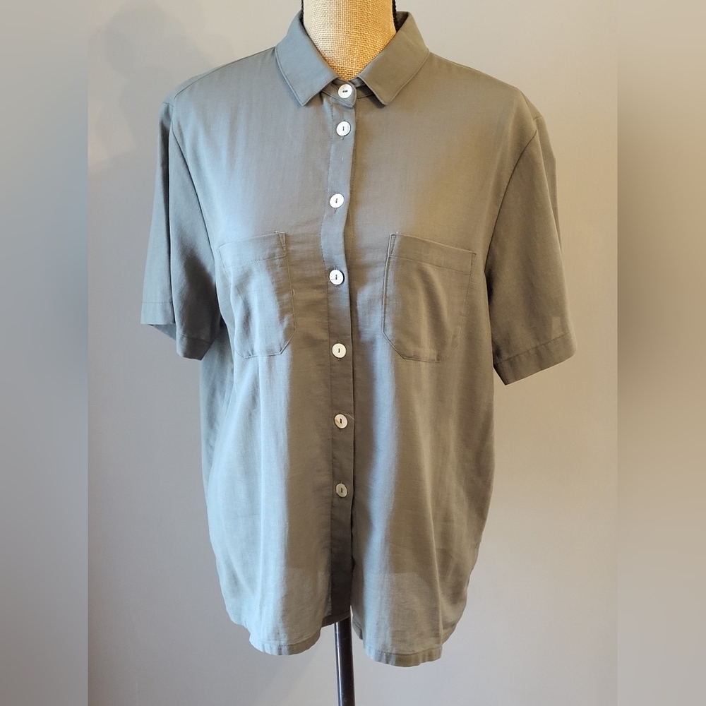 Geiger Collections Army Green Linen Short Sleeve Linen Blouse Size 42 (Size 12) - Picture 4 of 9